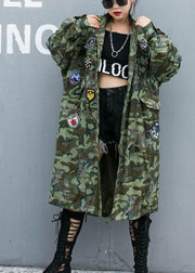 Casual Camouflage Rivet Print Pockets Fall Denim Long Sleeve Trench coats Coat