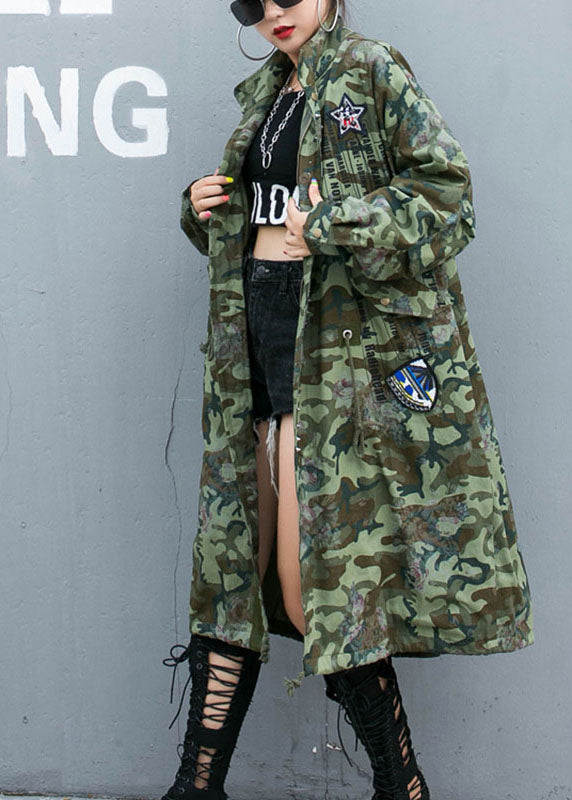 Casual Camouflage Rivet Print Pockets Fall Denim Long Sleeve Trench coats Coat