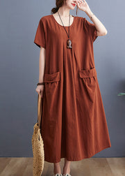 Casual Caramel O-Neck wrinkled Pockets Linen Dress Short Sleeve