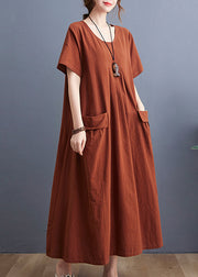 Casual Caramel O-Neck wrinkled Pockets Linen Dress Short Sleeve