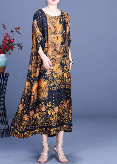 Casual Chocolate Print O-Neck Silk Summer Party Dress - SooLinen