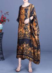 Casual Chocolate Print O-Neck Silk Summer Party Dress - SooLinen