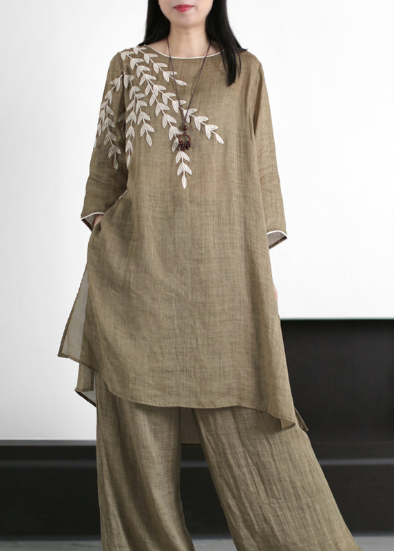 Casual Chocolate Green O-Neck Leaf Embroideried Side Open Linen Two Pieces Set Summer