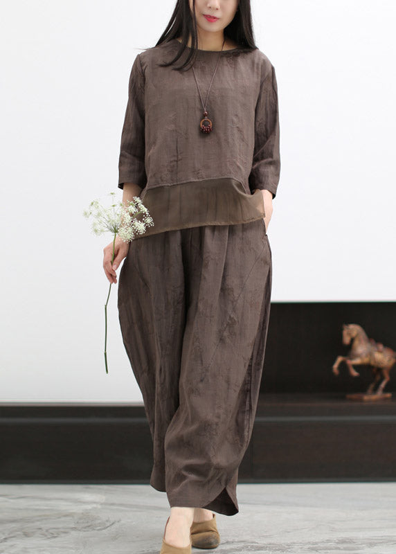 Casual Chocolate O-Neck Silk Patchwork Linen Shirts And Wide Leg Pants Two Pieces Set Spring