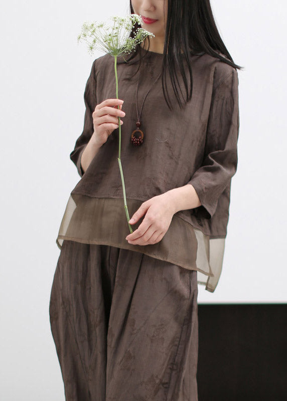 Casual Chocolate O-Neck Silk Patchwork Linen Shirts And Wide Leg Pants Two Pieces Set Spring