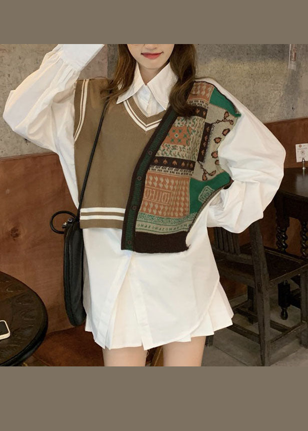 Casual Chocolate Peter Pan Collar Patchwork Vest Shirt Top Spring