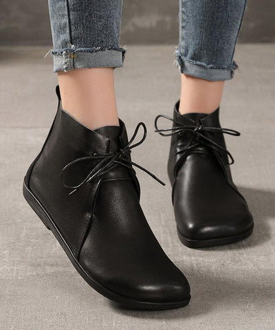 Casual Cross Strap Boots Black Cowhide Leather Ankle boots - SooLinen