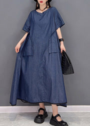 Casual Denim Blue O-Neck Pockets Long Dresses Short Sleeve