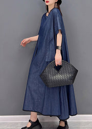 Casual Denim Blue O-Neck Pockets Long Dresses Short Sleeve