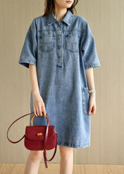 Casual Denim Blue Peter Pan Collar Pockets Summer Cotton Mid Dress Half Sleeve - SooLinen