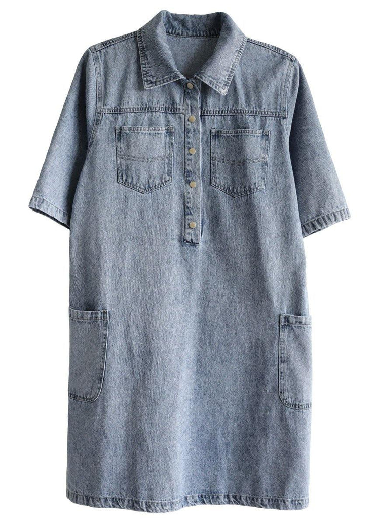 Casual Denim Blue Peter Pan Collar Pockets Summer Cotton Mid Dress Half Sleeve - SooLinen