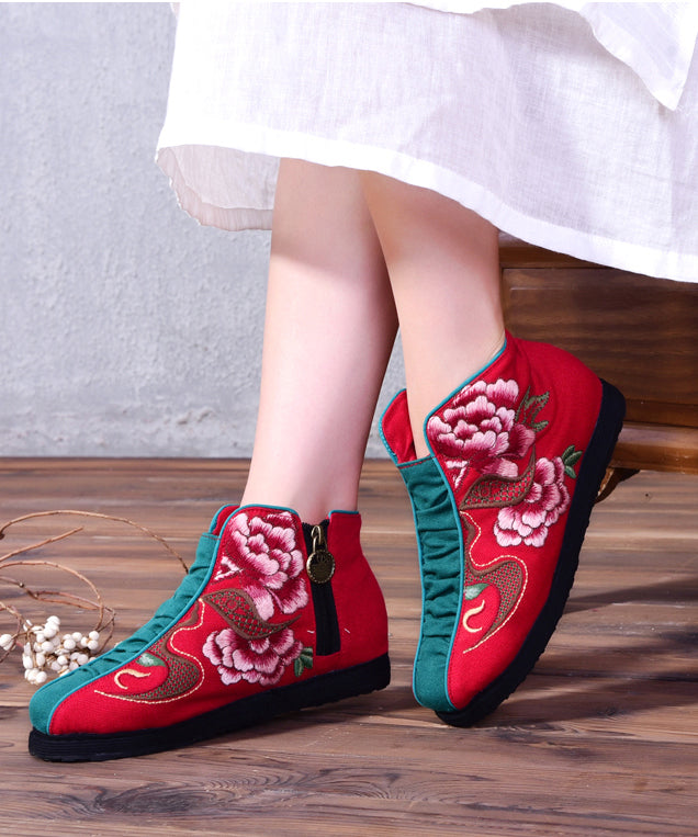 Casual Embroideried zippered Splicing Boots Red Linen Fabric Ankle boots