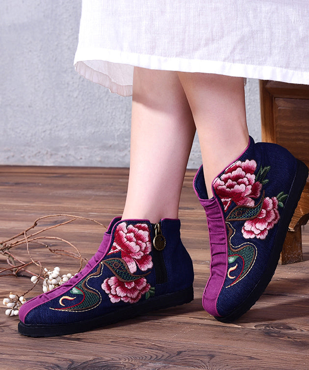 Casual Embroideried zippered Splicing Boots Red Linen Fabric Ankle boots