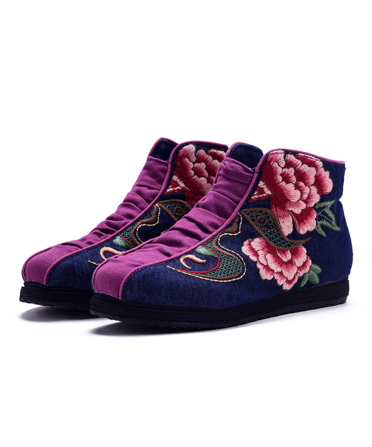 Casual Embroideried zippered Splicing Boots Red Linen Fabric Ankle boots