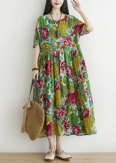 Casual Green O-Neck Patchwork Print Fall Ankle Dress Half Sleeve - SooLinen