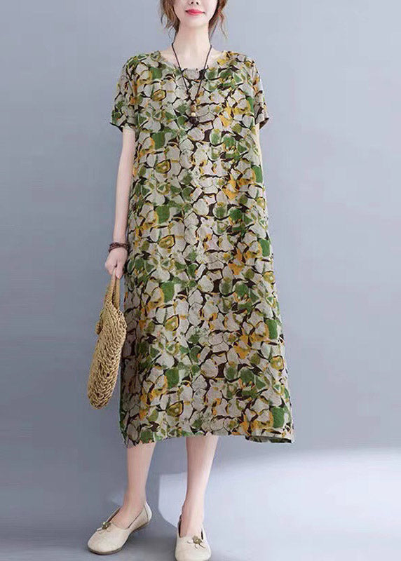 Casual Green O-Neck Print Pockets Long Dress Short Sleeve