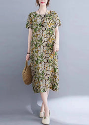 Casual Green O-Neck Print Pockets Long Dress Short Sleeve