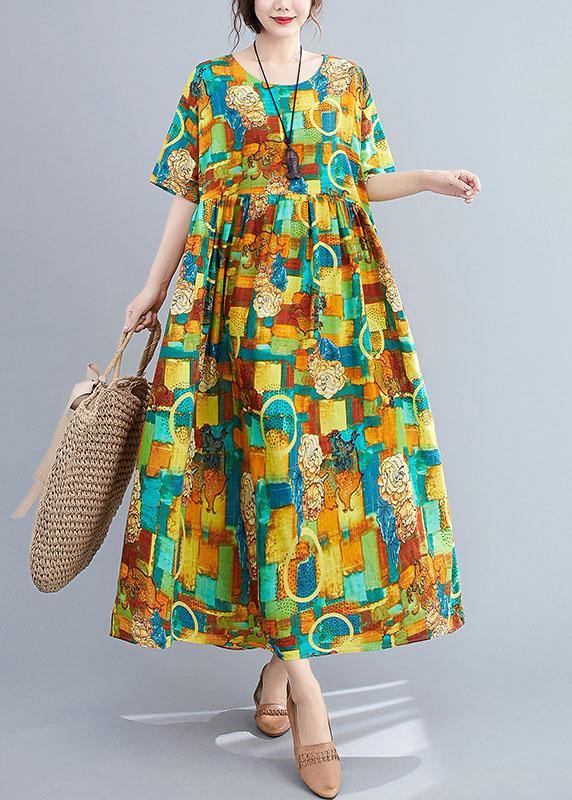 Casual Green O-Neck Print Summer Patchwork Robe Dresses Half Sleeve - SooLinen