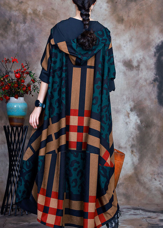 Casual Green Patchwork Plaid Button Print asymmetrical design Fall Coat