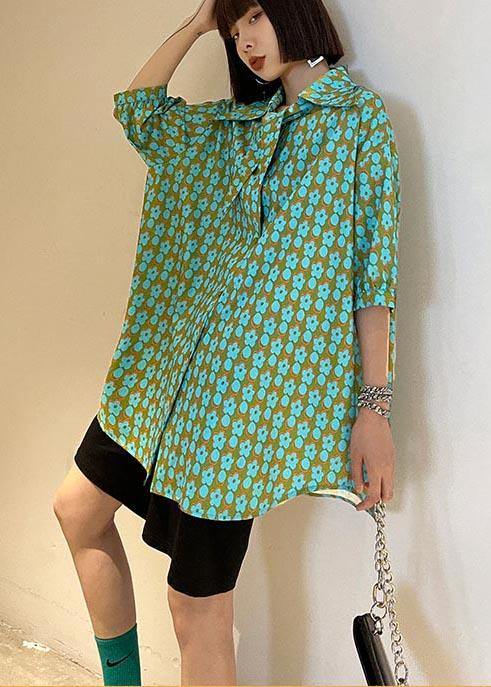 Casual Green Print Button Short Sleeve Cotton Top - SooLinen