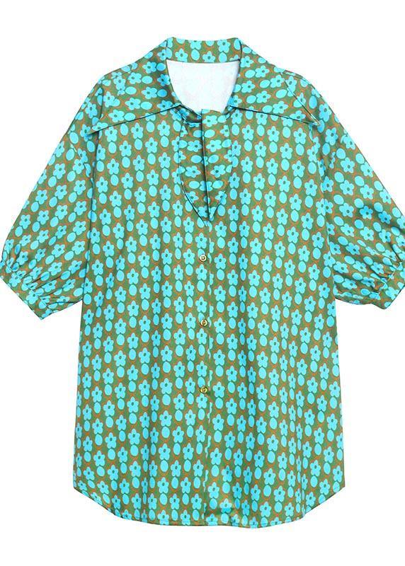 Casual Green Print Button Short Sleeve Cotton Top - SooLinen