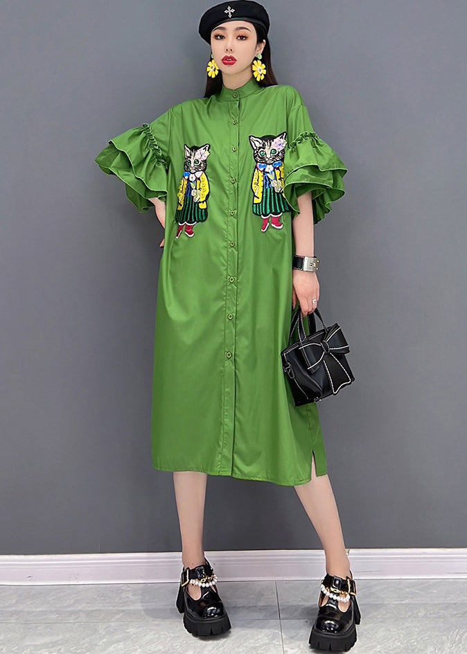 Casual Green Stand Collar Cat Embroideried Shirt Dress Ruffles Sleeve