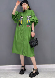 Casual Green Stand Collar Cat Embroideried Shirt Dress Ruffles Sleeve