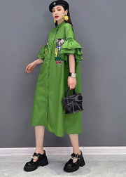 Casual Green Stand Collar Cat Embroideried Shirt Dress Ruffles Sleeve