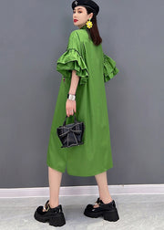 Casual Green Stand Collar Cat Embroideried Shirt Dress Ruffles Sleeve