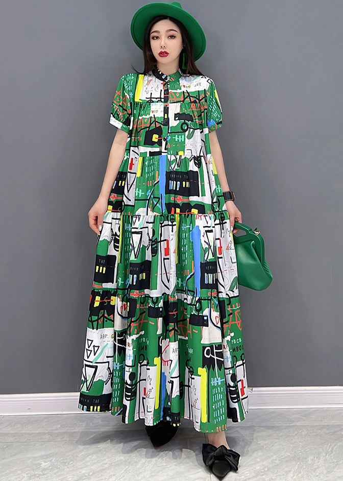 Casual Green Stand Collar Patchwork Exra Large Hem Print Chiffon Maxi Dress Short Sleeve