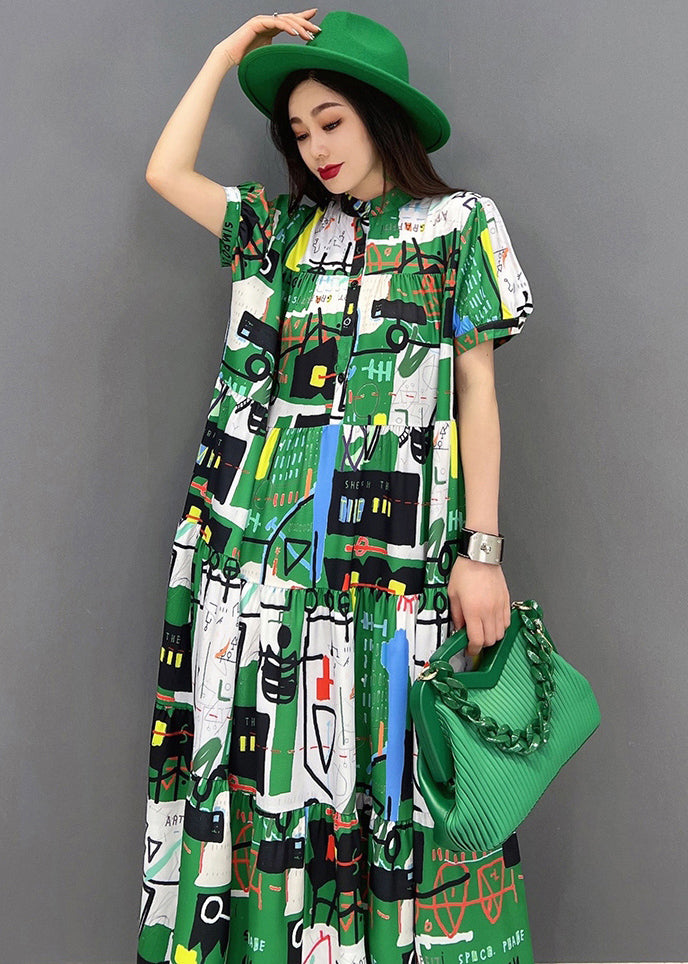 Casual Green Stand Collar Patchwork Exra Large Hem Print Chiffon Maxi Dress Short Sleeve