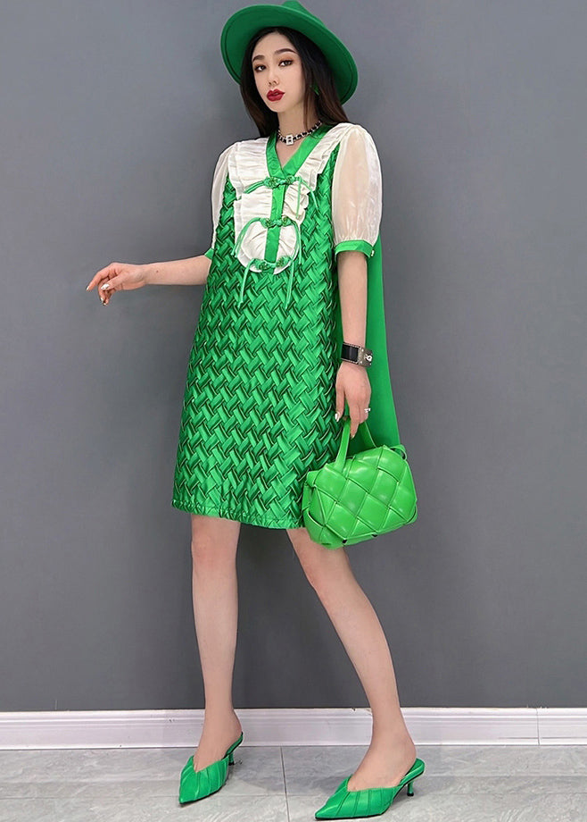 Casual Green V Neck Patchwork Chiffon Women&