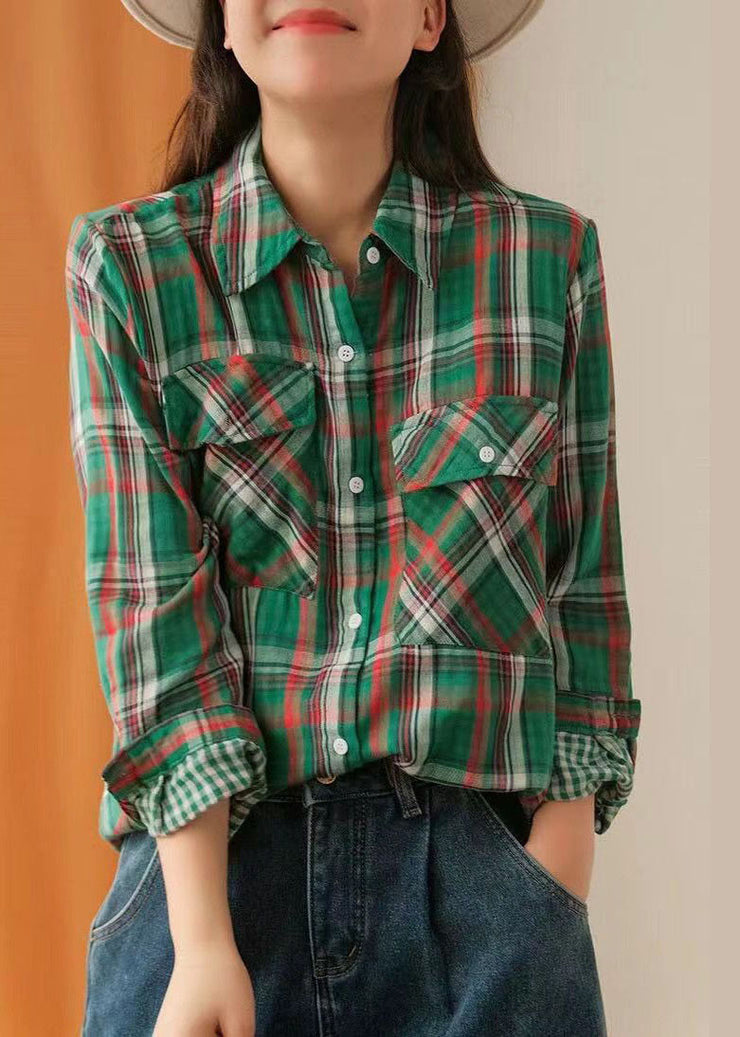 Casual Green button Peter Pan Collar Plaid Cotton shirt Tops Spring