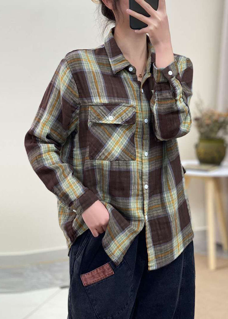 Casual Green button Peter Pan Collar Plaid Cotton shirt Tops Spring