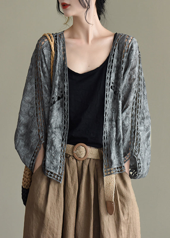 Casual Grey Black Hollow Out Embroideried Cardigans Batwing Sleeve