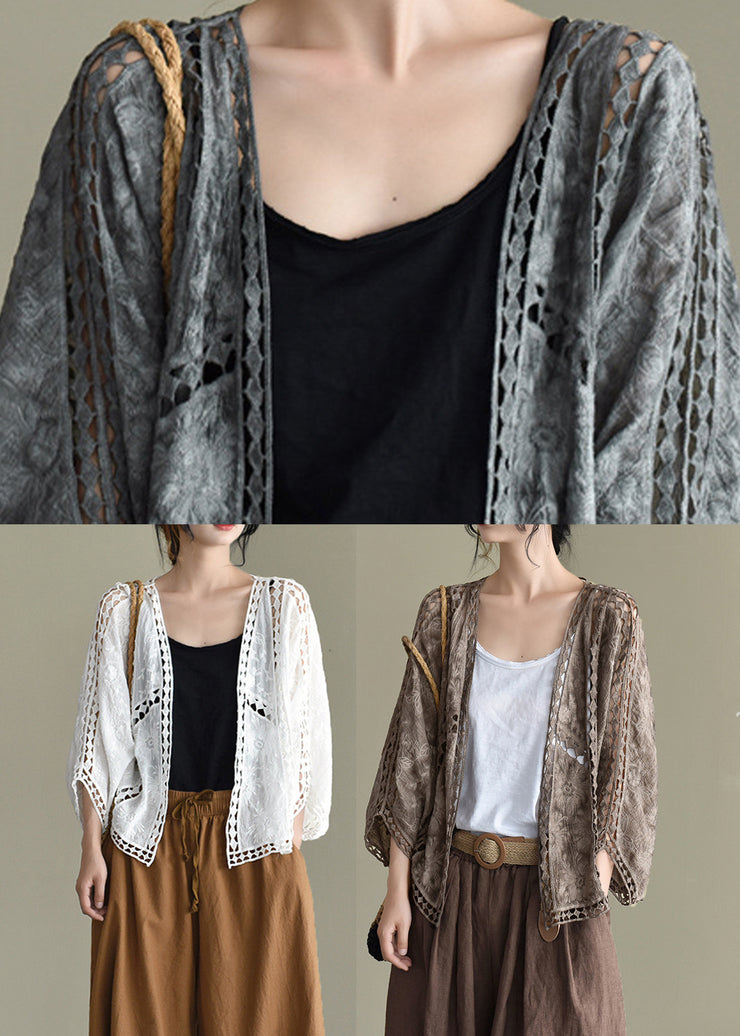 Casual Grey Black Hollow Out Embroideried Cardigans Batwing Sleeve