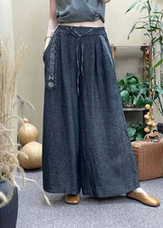 Casual Grey Elastic Waist Drawstring Pockets Linen Wide Leg Pants Summer