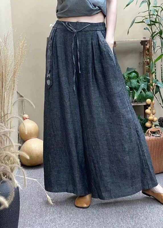 Casual Grey Elastic Waist Drawstring Pockets Linen Wide Leg Pants Summer