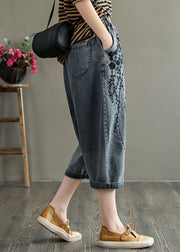 Casual Grey Embroideried Hole Pockets Cotton Denim Crop Pants Summer