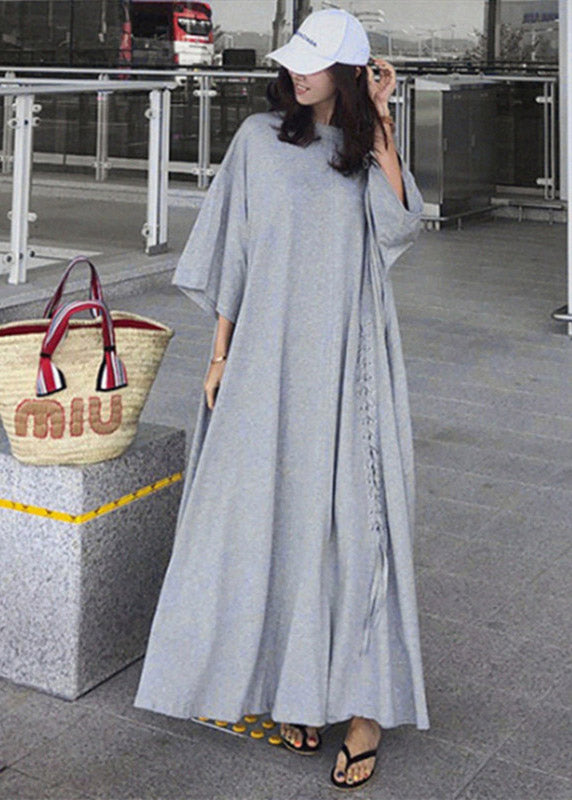 Casual Grey O-Neck Asymmetrical Cotton Dress Three Quarter sleeve