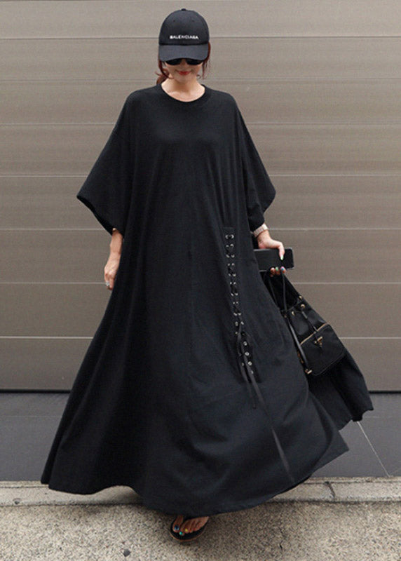 Casual Grey O-Neck Asymmetrical Cotton Dress Three Quarter sleeve