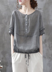 Casual Grey O-Neck Button Drawstring Patchwork Linen Shirt Tops Short Sleeve