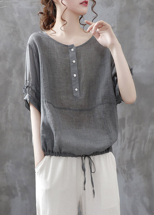 Casual Grey O-Neck Button Drawstring Patchwork Linen Shirt Tops Short Sleeve