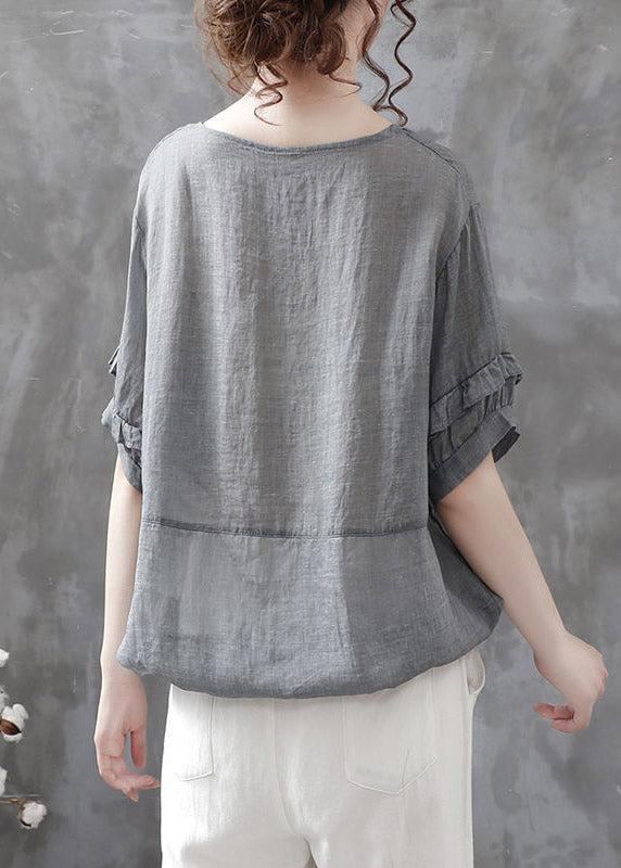 Casual Grey O-Neck Button Drawstring Patchwork Linen Shirt Tops Short Sleeve