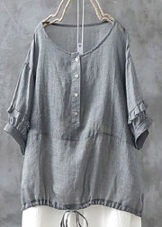 Casual Grey O-Neck Button Drawstring Patchwork Linen Shirt Tops Short Sleeve