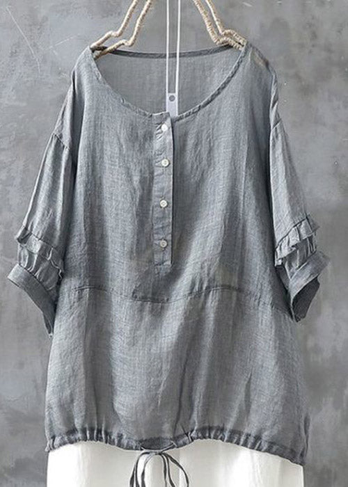 Casual Grey O-Neck Button Drawstring Patchwork Linen Shirt Tops Short Sleeve