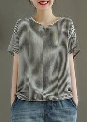 Casual Grey V Neck Striped Patchwork Linen Tank Tops Short Sleeve