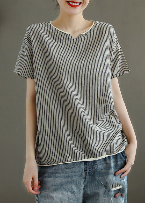 Casual Grey V Neck Striped Patchwork Linen Tank Tops Short Sleeve