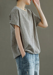 Casual Grey V Neck Striped Patchwork Linen Tank Tops Short Sleeve