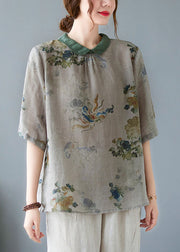 Casual Greyish Green Peter Pan Collar Button Shirts Half Sleeve